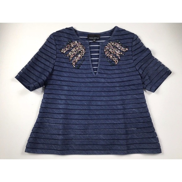 $290 Cynthia Rowley Indigo Denim Mesh Top 2 XS Blue Beaded V Neck Cocktail - Picture 2 of 8
